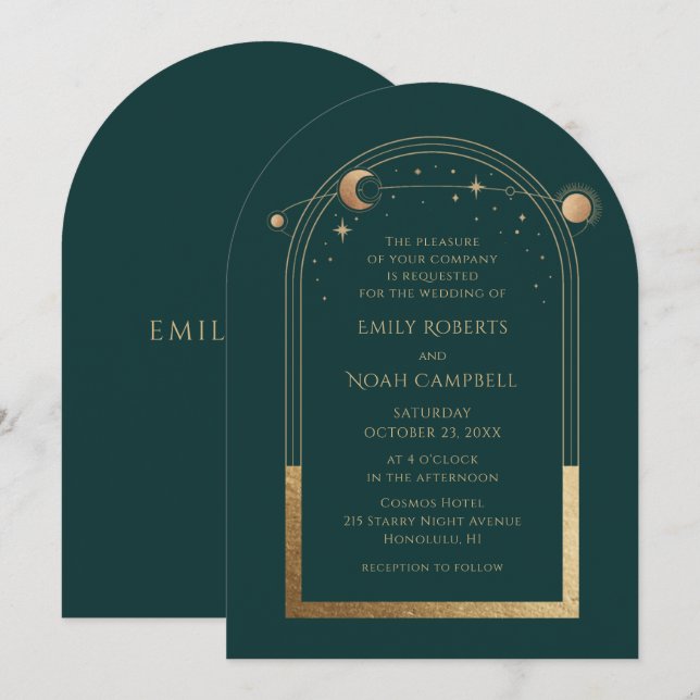 Invitación Celestial Chic Verde Dorado Sol Luna Estrellas Esp (Anverso / Reverso)