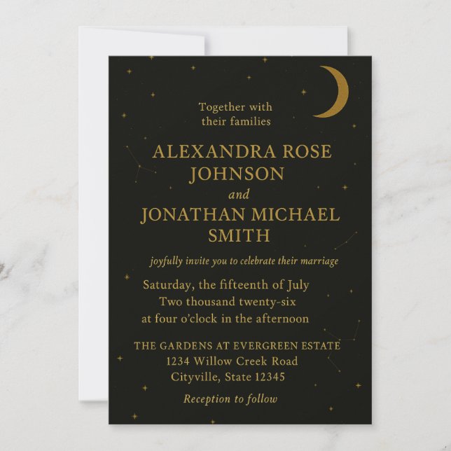 Invitación Celestial | Elegante Boda negro y oro (Anverso)