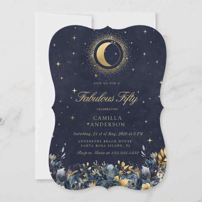 Invitación Celestial Floral Blue Stars Moon Cumpleaños (Anverso)