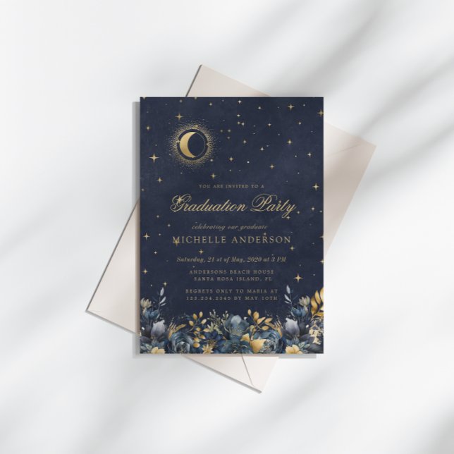 Invitación Celestial Floral Blue Stars Moon Graduation Party (Subido por el creador)