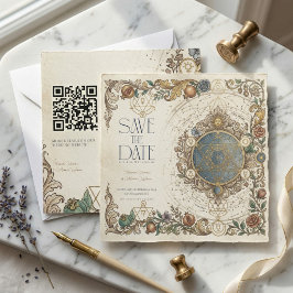 Invitación Celestial Floral Vintage Wedding QR Save The Date