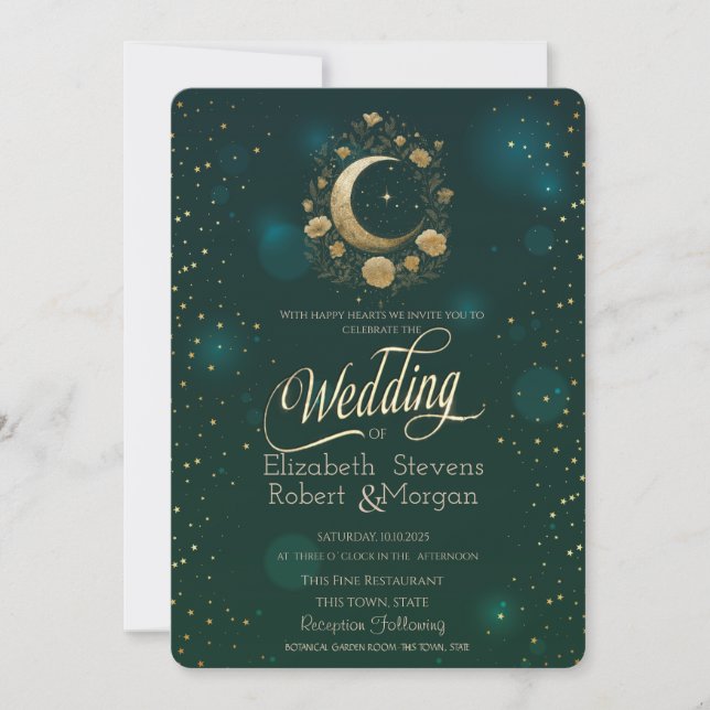 Invitación Celestial Gold Floral Moon Stars Wedding Green (Anverso)