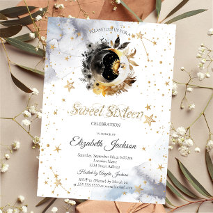 Invitación Celestial Gold Sol,Luna,Estrellas Flor Dulces 16