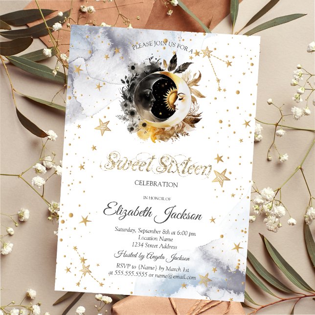 Invitación Celestial Gold Sol,Luna,Estrellas Flor Dulces 16 (Subido por el creador)