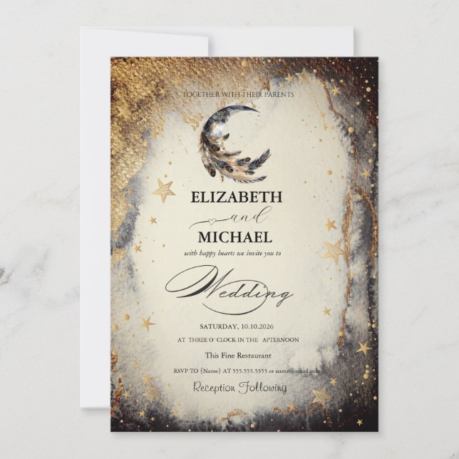 Invitación Celestial Gold Stars Moon Feather Dark Invitation (Anverso)