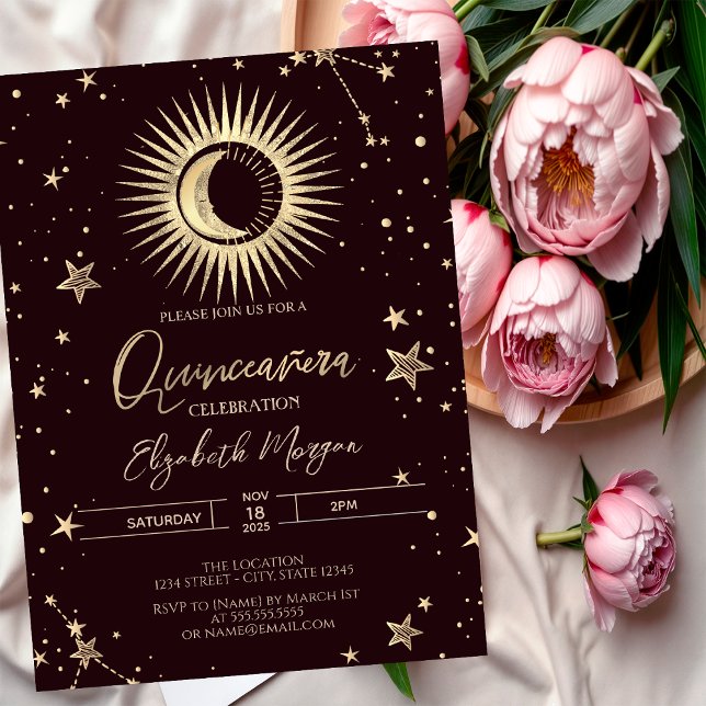 Invitación Celestial Gold Sun Moon Stars Dark Quinceanera (Subido por el creador)