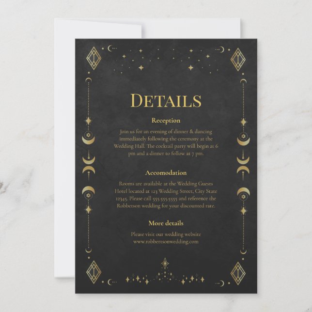 Invitación Celestial Gothic Black and Gold Wedding Details (Anverso)