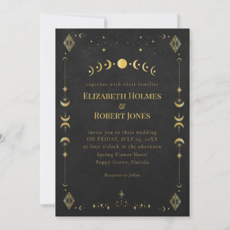 Invitación Celestial Gothic Black and Gold Wedding Invitation