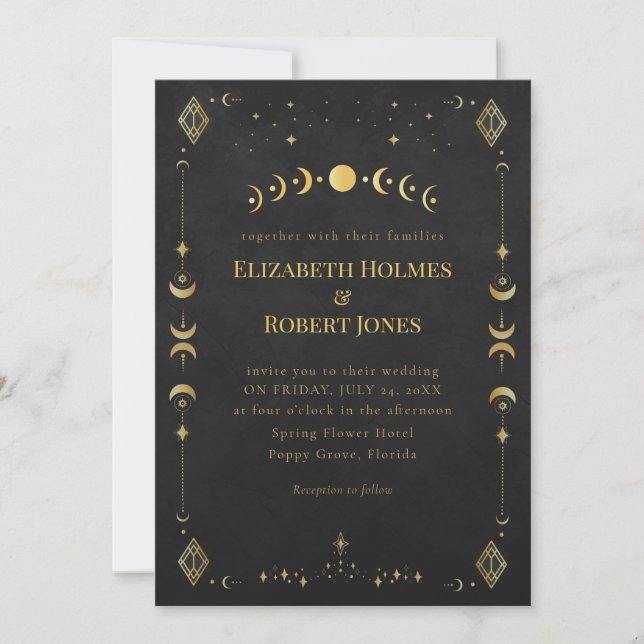 Invitación Celestial Gothic Black and Gold Wedding Invitation (Anverso)