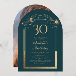 Invitación Celestial Green Gold Sun Moon Stars 30 cumpleaños
