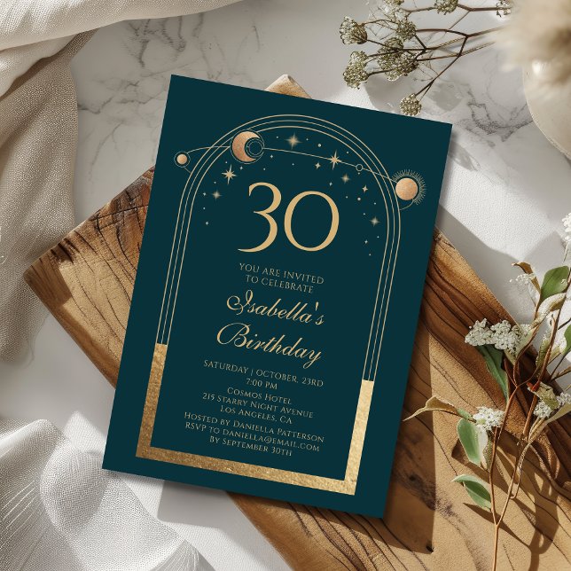 Invitación Celestial Green Gold Sun Moon Stars 30 cumpleaños (Subido por el creador)