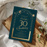 Invitación Celestial Green Gold Sun Moon Stars 30 cumpleaños<br><div class="desc">El Celestial Green Gold Sun Moon Astronomy 30th Birthday Invitation presenta un elegante sol dorado, luna y estrellas con un marco dorado sobre un fondo verde forestal. Adentro está tu personalizado la información de la invitación por trigésimo cumpleaños. Personalice editando el texto en los cuadros de texto. Diseñado por Evco...</div>