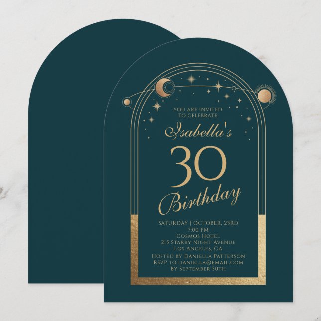 Invitación Celestial Green Gold Sun Moon Stars 30 cumpleaños (Anverso / Reverso)