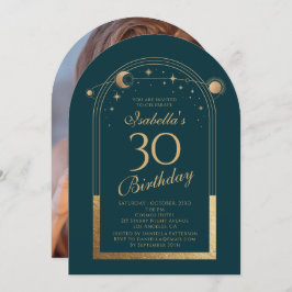 Invitación Celestial Green Gold Sun Moon Stars 30 cumpleaños