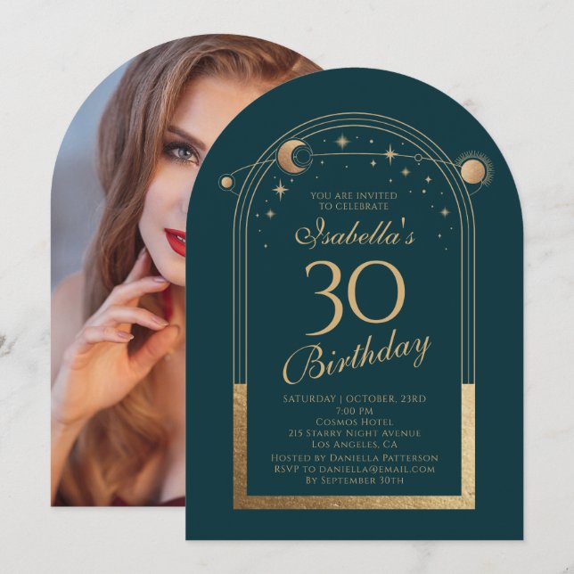 Invitación Celestial Green Gold Sun Moon Stars 30 cumpleaños (Anverso / Reverso)