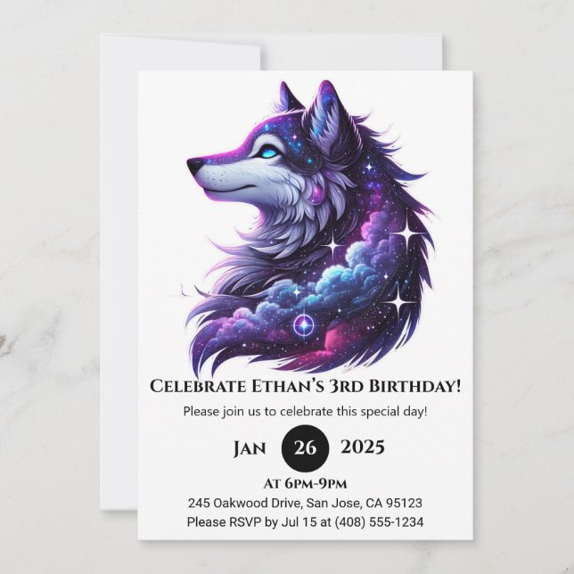 Invitación Celestial Howl Wolf Birthday (Anverso)