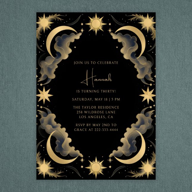 Invitación Celestial Luna Negro Oro Tarot Bruja Cumpleaños (Celestial Moon & Stars Birthday – Elegant Night Sky Party for Adults Invitation)