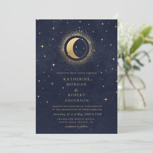Invitación Celestial Midnight Blue English Spanish Wedding (Anverso de pie)