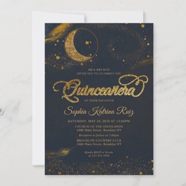 Invitación Celestial Midnight Blue Gold Star Moon Quinceanera (Anverso)