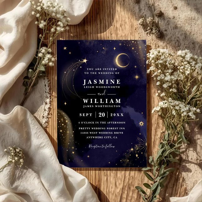 Invitación Celestial Midnight Blue Stars Moon QR Code Wedding (Subido por el creador)