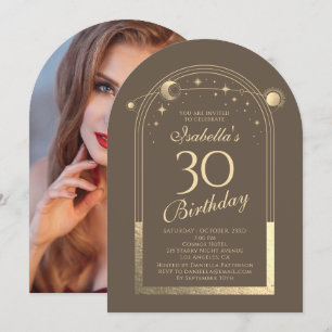 Invitación Celestial Mocha Gold Sun Moon Stars 30 cumpleaños
