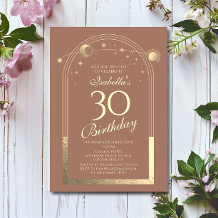 Invitación Celestial Mocha Gold Sun Moon Stars 30 cumpleaños