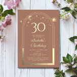 Invitación Celestial Mocha Gold Sun Moon Stars 30 cumpleaños<br><div class="desc">Astronomía celestial Mocha Mousse Gold Sun Moon 30th Birthday Invitation presenta un elegante sol dorado, luna y estrellas con un marco dorado sobre un fondo de mousse mocha. Adentro está tu personalizado la información de la invitación por trigésimo cumpleaños. Personalice editando el texto en los cuadros de texto. Diseñado por...</div>