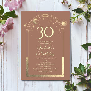 Invitación Celestial Mocha Gold Sun Moon Stars 30 cumpleaños
