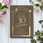 Invitación Celestial Mocha Gold Sun Moon Stars 30 cumpleaños<br><div class="desc">Astronomía Celestial Mocha Gold Sun Moon 30th Birthday Invitation presenta un elegante sol dorado, luna y estrellas con un marco dorado sobre un fondo mocha. Adentro está tu personalizado la información de la invitación por trigésimo cumpleaños. Personalice editando el texto en los cuadros de texto. Diseñado por Evco Studio www.zazzle.com/store/evcostudio...</div>