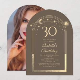 Invitación Celestial Mocha Gold Sun Moon Stars 30 cumpleaños