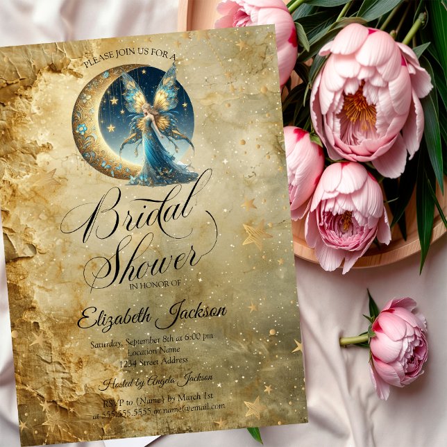 Invitación Celestial Moon Fairy Old Gold Bridal Shower (Subido por el creador)