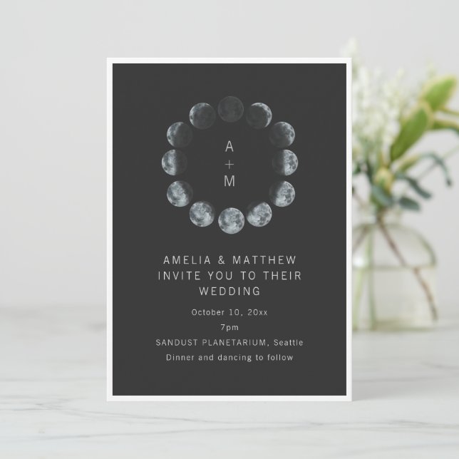 Invitación Celestial Moon Phase Black Dark Night Sky Wedding (Anverso de pie)