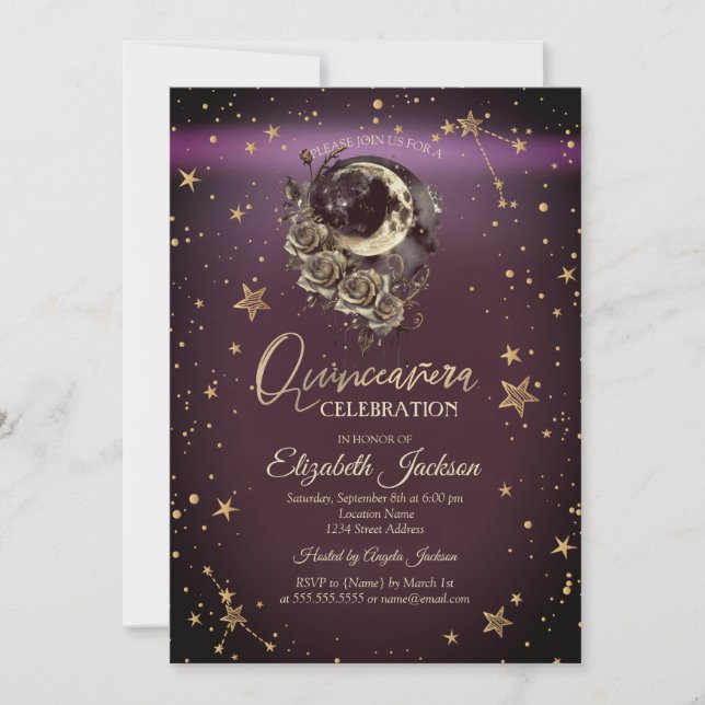 Invitación Celestial Moon Roses Stars Burgundy Quinceanera (Anverso)