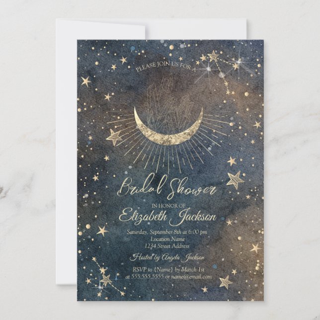 Invitación Celestial Moon,Stars Diamond Dark Bridal Shower  (Anverso)