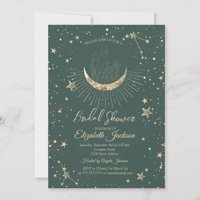 Invitación Celestial Moon,Stars Diamond Green Bridal Shower  (Anverso)