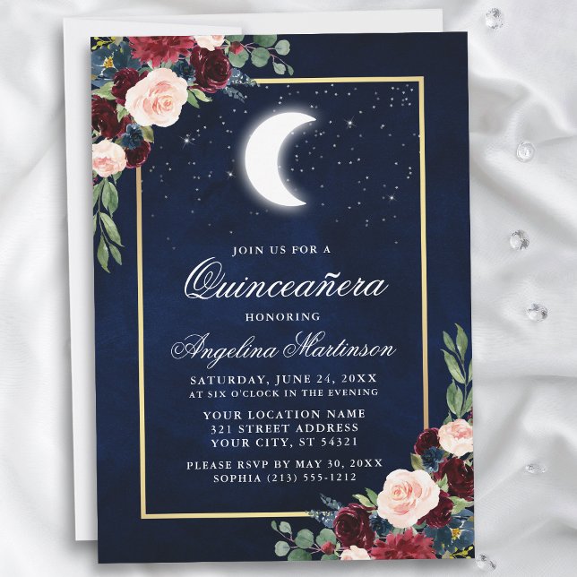 Invitación Celestial Moon Stars Floral Gold Quinceanera (Customize to add text or a photo to back of card.)