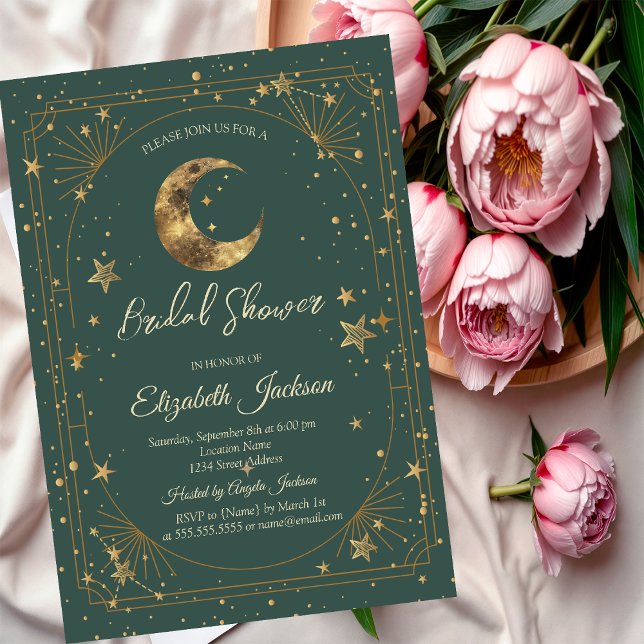 Invitación Celestial Moon Stars Frame Green Bridal Shower (Subido por el creador)