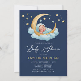 Invitación Celestial Moon & Stars Navy Boy Baby Shower 