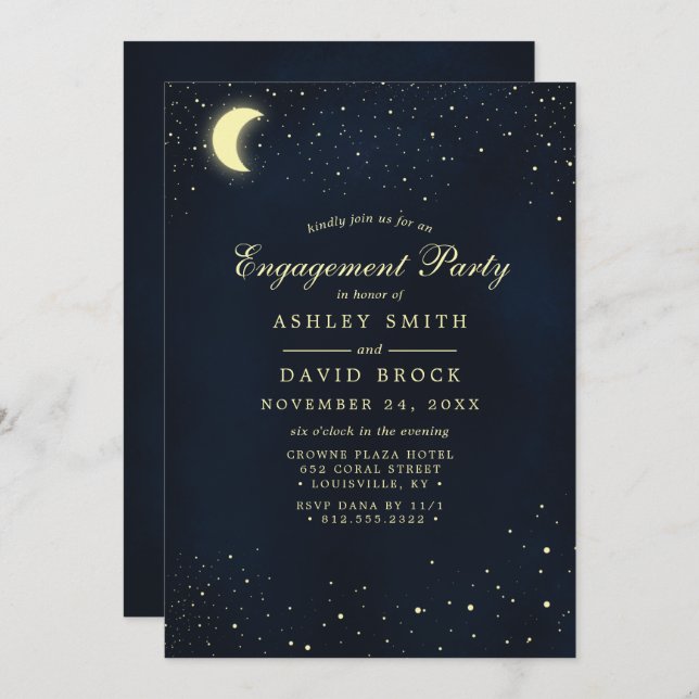 Invitación Celestial Moon Stars Night Sky Engagement Party (Anverso / Reverso)