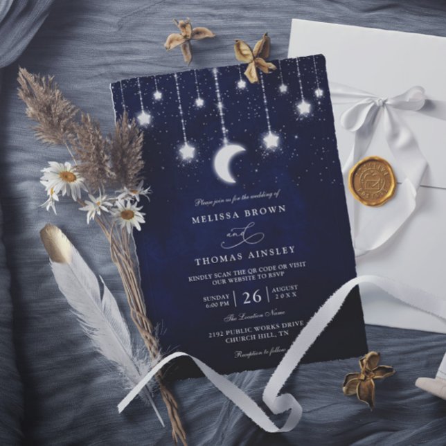 Invitación Celestial Moon Stars String Lights QR Code Wedding (Subido por el creador)