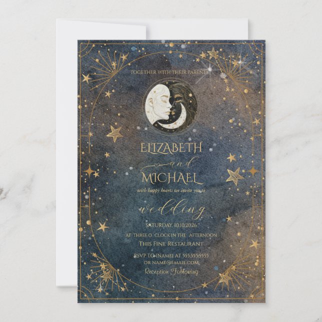 Invitación Celestial Moon Sun Frame Dark Galaxy Wedding (Anverso)