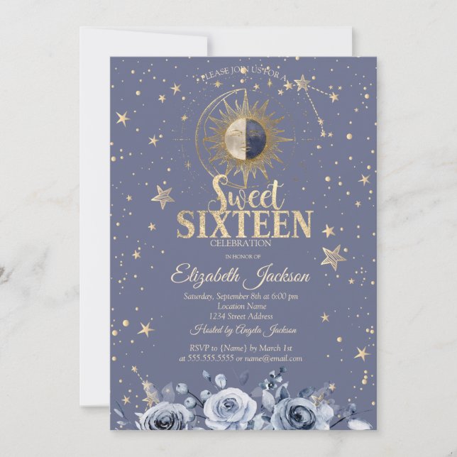 Invitación Celestial Moon Sun Moon Stars Lavander Sweet 16 (Anverso)