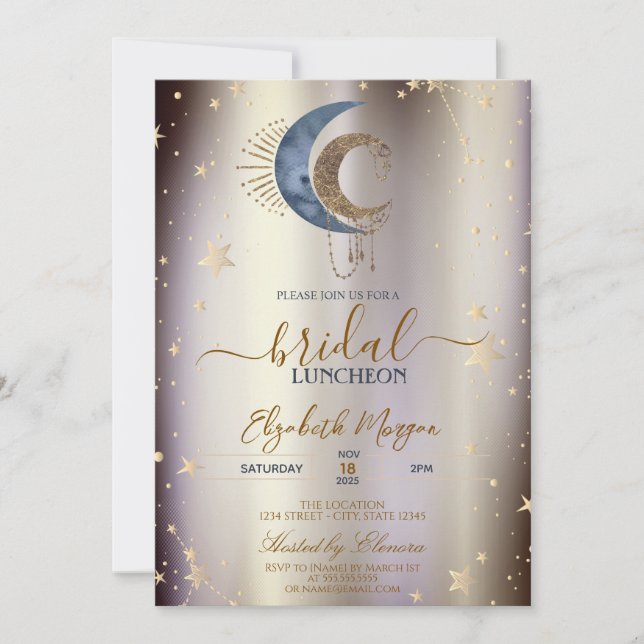 Invitación Celestial Moons,Stars Magical Bridal Luncheon  (Anverso)