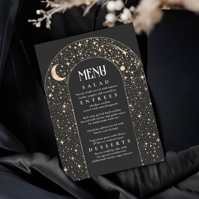 Invitación Celestial Night Sky Stars Arch Black Boda Menu (Black Celestial Wedding Menu Cards)