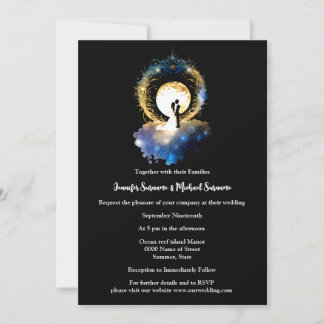 Invitación Celestial pareja de luna llena estrellada noche az