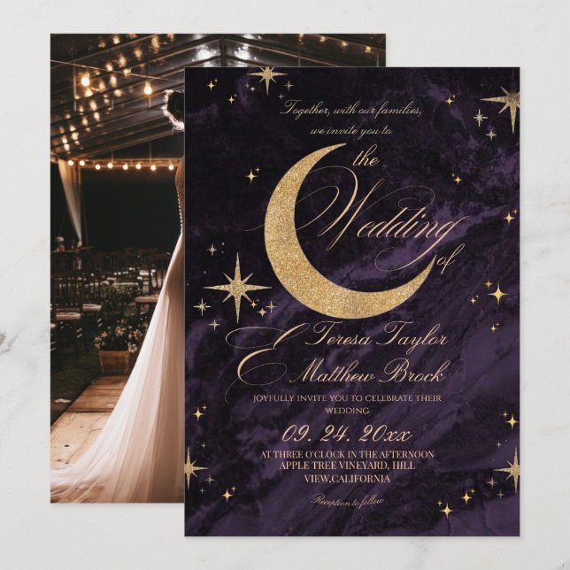 Invitación Celestial Purple and Gold Moody Wedding  (Anverso / Reverso)