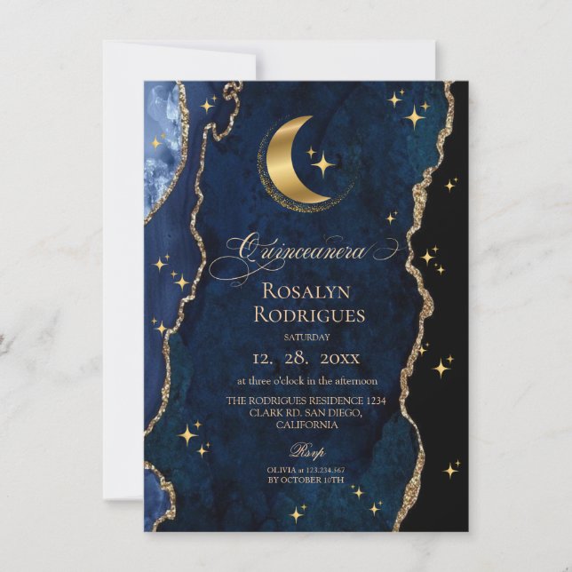 Invitación  Celestial Quinceanera Midnight Stars Moon  (Anverso)