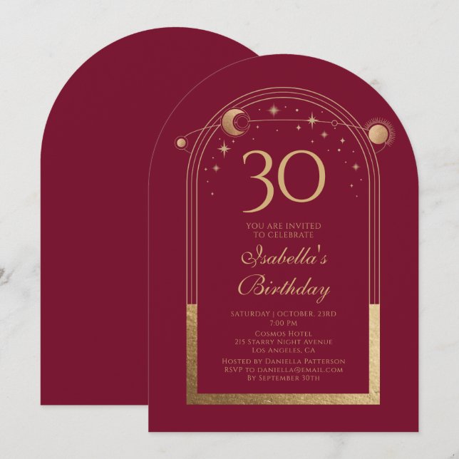 Invitación Celestial Red Gold Sun Moon Stars 30 cumpleaños (Anverso / Reverso)