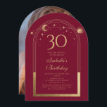 Invitación Celestial Red Gold Sun Moon Stars 30 cumpleaños<br><div class="desc">Celestial Red Gold Sun Moon Astronomy 30th Birthday Photo Invitation presenta un elegante sol dorado,  luna y estrellas con un marco dorado sobre un fondo rojo. Adentro está tu personalizado la información de la invitación por trigésimo cumpleaños. Al contrario,  agrega tu foto favorita. Diseñado por Evco Studio www.zazzle.com/store/evcostudio</div>