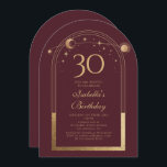 Invitación Celestial Red Gold Sun Moon Stars 30 cumpleaños<br><div class="desc">Astronomía celestial Red Gold Sun Moon 30th Birthday Invitation presenta un elegante sol dorado, luna y estrellas con un marco dorado sobre un fondo rosado profundo. Adentro está tu personalizado la información de la invitación por trigésimo cumpleaños. Personalice editando el texto en los cuadros de texto. Diseñado por Evco Studio...</div>